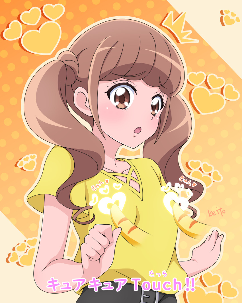 1girl :o ^^^ animal_hands artist_name belt black_belt blunt_bangs blush breasts brown_eyes brown_hair casual clenched_hands collarbone commentary diagonal-striped_background disembodied_hand embarrassed furrowed_brow gradient_background hands_up healin&#039;_good_precure heart heart_background highres hiramitsu_hinata looking_at_viewer medium_hair molestation no_jacket nyatoran_(precure) outline paw_print paw_print_background polka_dot polka_dot_background precure sakuragawa3710 sexual_harassment shirt short_sleeves small_breasts striped_background translated twintails upper_body yellow_background yellow_outline yellow_shirt yellow_theme
