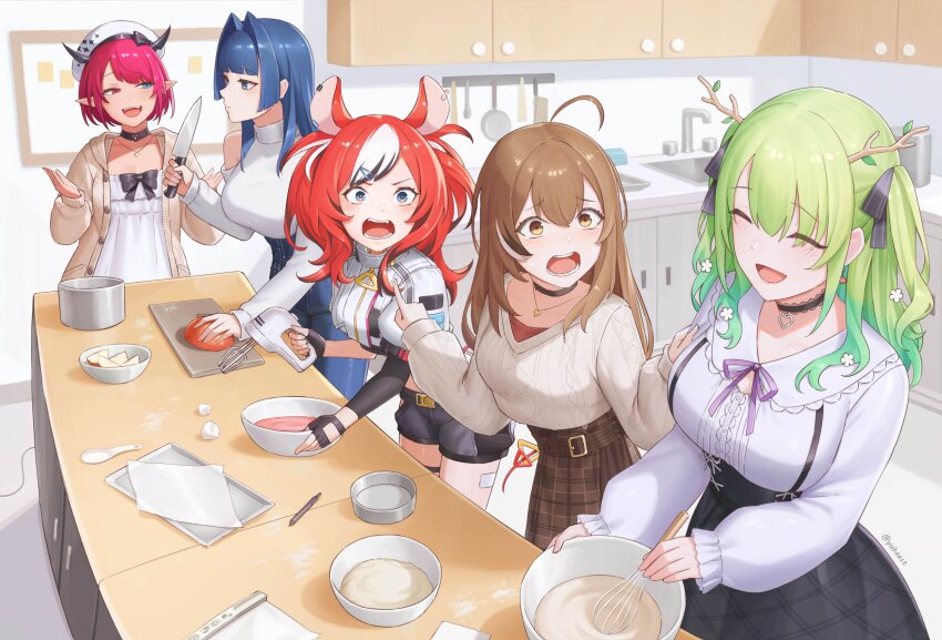 5girls :d absurdres ahoge animal_ears antlers aran_sweater beret black_choker black_gloves black_hair black_ribbon black_shorts black_skirt blue_eyes blue_hair blue_pants blunt_bangs blunt_ends bob_cut breasts brown_cardigan brown_eyes brown_hair brown_skirt cable_knit cardigan center_frills ceres_fauna ceres_fauna_(jirai_kei) chest_bow choker cleavage_cutout closed_eyes clothing_cutout commentary cooking cropped_jacket crossed_bangs denim detached_pants double-parted_bangs dress empire_waist english_commentary fingerless_gloves flower frilled_dress frilled_shirt frilled_shirt_collar frills gloves gradient_hair green_hair hair_between_eyes hair_flower hair_intakes hair_ornament hair_ribbon hakos_baelz hakos_baelz_(casual) hat heterochromia high-waist_pants high-waist_skirt highres hime_cut hip_vent holding holding_knife holding_whisk hololive hololive_english holopromise horns indoors irys_(casualrys)_(hololive) irys_(hololive) jacket jeans jirai_kei kitchen kitchen_knife knife lace-trimmed_choker lace_trim large_breasts long_hair long_sleeves looking_at_another medium_hair mole mole_under_eye mouse_ears mouse_girl mouse_tail multicolored_hair multiple_girls nanashi_mumei nanashi_mumei_(casual) neck_ribbon official_alternate_costume official_alternate_hair_length official_alternate_hairstyle open_cardigan open_clothes open_mouth ouro_kronii ouro_kronii_(casual) pants pink_eyes plaid_clothes plaid_skirt pleated_skirt pointing pointing_at_another pointy_ears purple_hair purple_ribbon red_hair ribbon shirt short_hair short_shorts shorts shoulder_cutout skirt smile sparkle_print streaked_hair suspender_skirt suspenders sweater tail turtleneck two_side_up v-neck virtual_youtuber whisk white_dress white_hair white_hat white_jacket white_shirt white_sweater yubaest