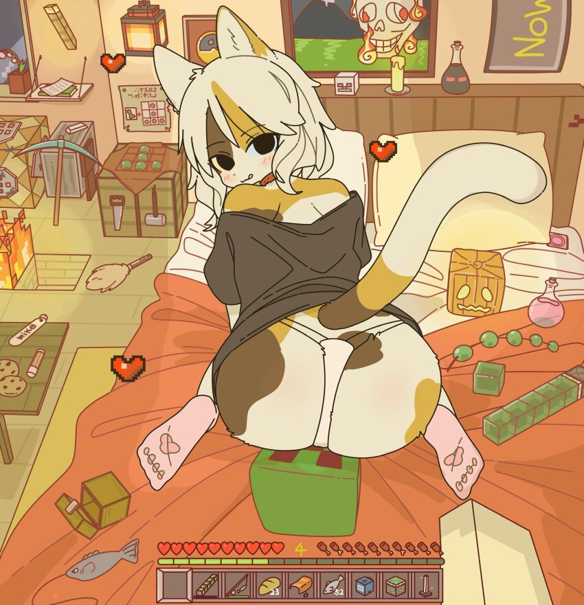 1girl animal_ears ass black_shirt blue_eyes calico_(pattern) calico_cat cat_(minecraft) cat_ears cat_girl cat_tail condom condom_wrapper creeper feet flask furry furry_female heterochromia highres looking_back mike_no_hito minecraft minecraft_pickaxe multicolored_hair no_pants off-shoulder_shirt off_shoulder original panties pawpads pickaxe potion round-bottom_flask shirt short_hair socks streaked_hair tail tongue tongue_out underwear white_hair yellow_eyes