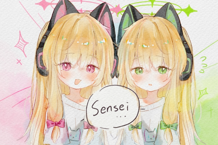 2girls :d alternate_hair_length alternate_hairstyle animal_ear_headphones animal_ears animal_print blonde_hair blue_archive blush bommie bow cat_ear_headphones cat_ears cat_print chinese_commentary commentary_request embarrassed english_text fake_animal_ears flying_sweatdrops gradient_background green_background green_bow green_eyes green_halo hair_between_eyes hair_bow halo headphones highres long_hair long_sidelocks looking_at_viewer low-tied_sidelocks midori_(blue_archive) momoi_(blue_archive) multiple_girls open_mouth pink_background pink_bow pink_eyes pink_halo print_shirt shirt short_sleeves siblings sidelocks single_bare_shoulder single_off_shoulder sisters smile sparkle t-shirt twins upper_body very_long_hair watercolor_effect white_background white_shirt