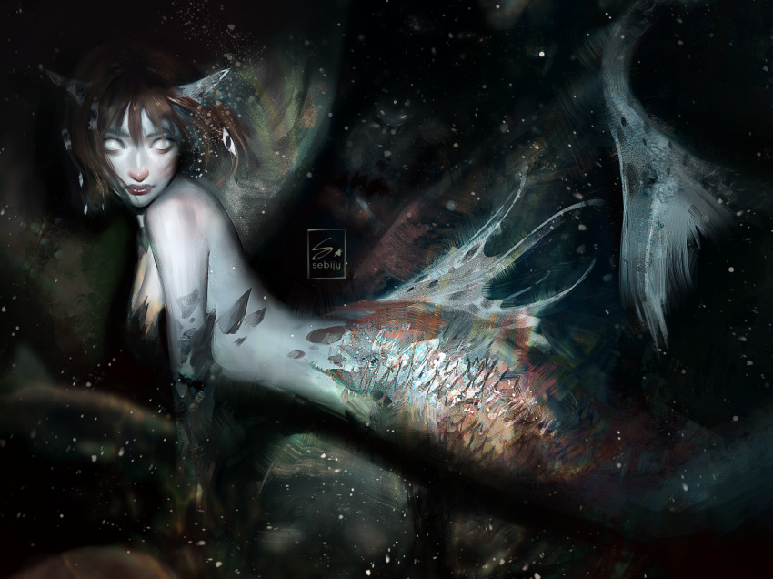 1girl artist_name breasts brown_hair commentary english_commentary fins fish_tail mermaid monster_girl original painterly scales sebijy solo tail white_eyes