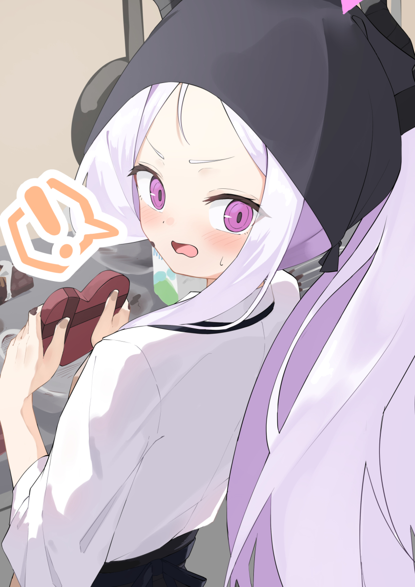 ! 1girl absurdres alternate_costume alternate_hairstyle blue_archive blush box commentary demon_girl demon_horns forehead from_behind gift hands_up headscarf heart-shaped_box highres hina_(blue_archive) holding holding_gift horns indoors long_hair long_sleeves looking_at_viewer looking_back open_mouth osmium-76 parted_bangs ponytail purple_eyes shirt solo speech_bubble spoken_exclamation_mark surprised sweatdrop upper_body valentine white_hair white_shirt