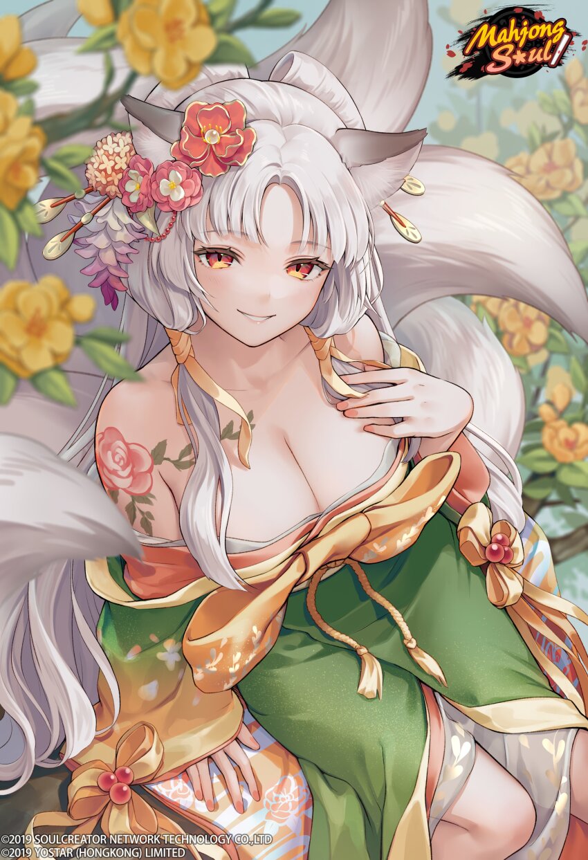 1girl absurdres animal_ears arched_bangs arm_tattoo blurry breasts cleavage depth_of_field flower flower_tattoo fox_ears fox_tail garden hair_flower hair_ornament hand_on_own_chest highres japanese_clothes kanzashi kimono kitsune large_breasts long_hair looking_at_viewer mahjong_soul nail_polish ne-on off_shoulder on_bench orange_eyes orange_nails outdoors rose sidelocks sitting smile solo tail tassel tattoo tojo_kurone tree very_long_hair white_hair