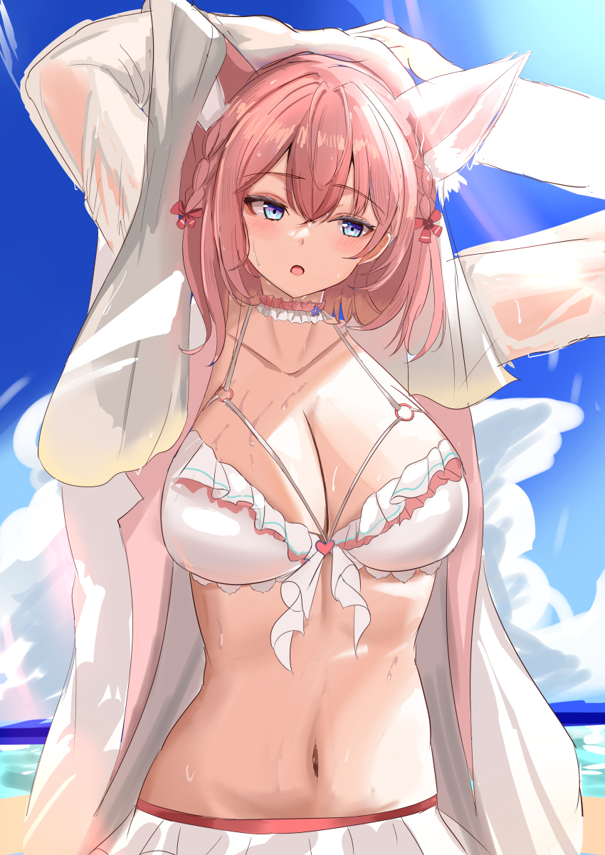 1girl absurdres animal_ears beach bikini blue_sky braid breasts choker cleavage cloud cloudy_sky coat collarbone day frilled_bikini frilled_choker frills hair_ribbon hakui_koyori hakui_koyori_(summer) highres hololive kurogomatcha lab_coat large_breasts medium_hair navel ocean open_mouth outdoors pink_choker pink_hair pink_ribbon purple_eyes ribbon sand sketch sky solo stomach swimsuit two-tone_choker virtual_youtuber white_bikini white_choker white_coat wolf_ears wolf_girl