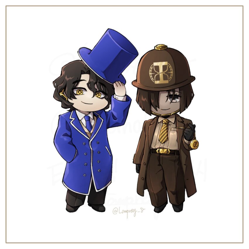 1boy 1girl arm_up belt belt_buckle black_belt black_shoes blue_coat blue_hat blue_necktie brown_coat brown_eyes brown_hair brown_helmet brown_pants brown_shirt buckle closed_mouth coat coat_on_shoulders collared_shirt ear_piercing hair_over_one_eye hat helmet highres hubert_(limbus_company) lapels limbus_company looking_at_viewer mai_(project_moon) necktie notched_lapels pants piercing project_moon shirt shoes short_hair simple_background smile striped_necktie top_hat white_background white_shirt yatsumeunagi yellow_eyes yellow_necktie