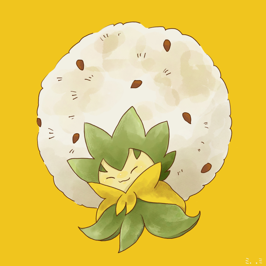 :3 closed_eyes closed_mouth eldegoss ema95n full_body gen_8_pokemon highres nintendo no_humans pokemon pokemon_(creature) pokemon_focus simple_background smile solo yellow_background