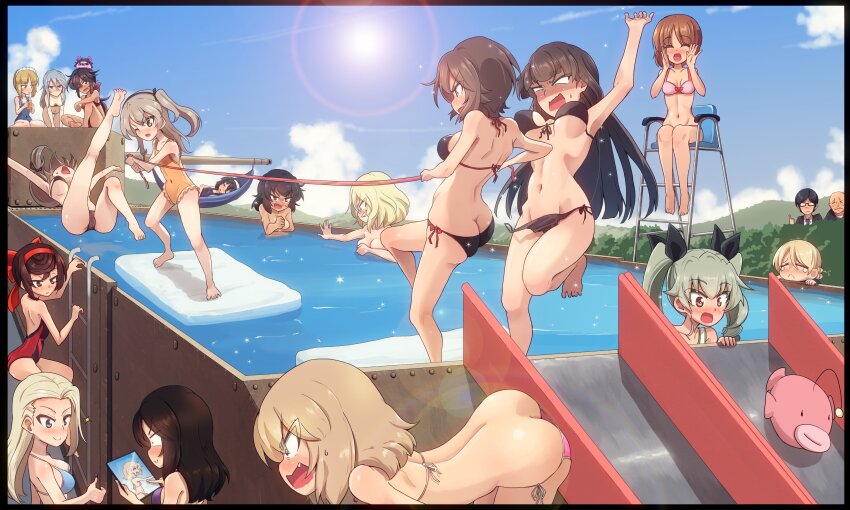 2boys 6+girls absurdres anchovy_(girls_und_panzer) andou_(girls_und_panzer) anglerfish ass backless_swimsuit bikini black_bikini black_hair black_one-piece_swimsuit black_ribbon black_suit blonde_hair blue_bikini blue_eyes blue_hair braid breasts brown_eyes brown_hair chair clara_(girls_und_panzer) closed_eyes commentary_request commission crying cutlass_(girls_und_panzer) darjeeling_(girls_und_panzer) dark-skinned_female dark_skin fish flint_(girls_und_panzer) formal_clothes front-tie_bikini_top front-tie_top girls_und_panzer girls_und_panzer_ribbon_no_musha green_hair grey_hair hair_ribbon hairband hammock highres jinguu_(4839ms) katyusha_(girls_und_panzer) kodama_shichirou large_breasts lifeguard_chair long_hair mature_female medium_breasts mother_and_daughter multiple_boys multiple_girls nishizumi_maho nishizumi_miho nishizumi_shiho nonna_(girls_und_panzer) nude ogin_(girls_und_panzer) on_hammock one-piece_swimsuit orange_one-piece_swimsuit oshida_(girls_und_panzer) photo_(object) pink_bikini pool purple_bikini red_bikini red_eyes red_ribbon reizei_mako ribbon shimada_arisu shimada_chiyo short_hair side-tie_bikini_bottom slide small_breasts strapless strapless_bikini suit sunglasses swimsuit tog_ii tsuji_renta tsuruki_shizuka tug_of_war white_hairband white_one-piece_swimsuit
