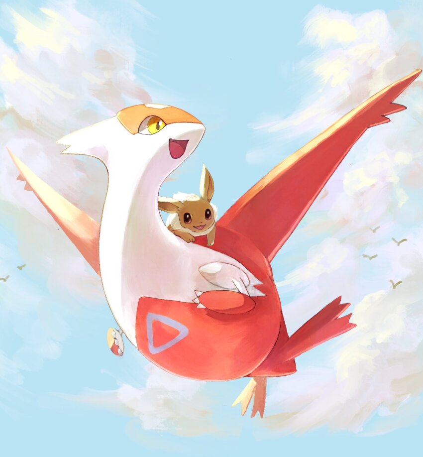 animal bird bishamon_(usagi_ba) brown_eyes brown_fur claws cloud commentary_request dot_nose eevee flying full_body game_freak gen_1_pokemon gen_3_pokemon highres latias legendary_pokemon looking_ahead looking_to_the_side lying_on_another nintendo no_humans open_mouth pokemon pokemon_(creature) sky tongue triangle wings yellow_eyes