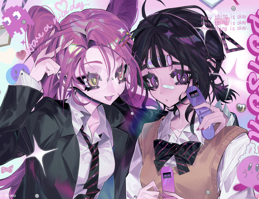 2girls absurdres alien_stage arm_around_shoulder bandaid bandaid_on_face bandaid_on_nose black_hair black_jacket blinky_(pac-man) bow bowtie brown_sweater_vest cellphone cellphone_charm charm_(object) collared_shirt commentary diagonal-striped_bow diagonal-striped_bowtie diagonal-striped_clothes diagonal-striped_necktie english_text flip_phone glasses hair_ornament hairband hairclip heart highres holding holding_phone jacket kirby kirby_(series) long_hair long_sleeves low_ponytail mizi_(alien_stage) multiple_girls necktie nintendo official_alternate_costume open_mouth pac-man_(game) phone pink_hair ponytail purple_eyes rimless_eyewear round_eyewear shirt smile striped_clothes sua_(alien_stage) sweater_vest symbol-only_commentary taowu_(20809) tassel triangle twintails upper_body v white_shirt yellow_eyes
