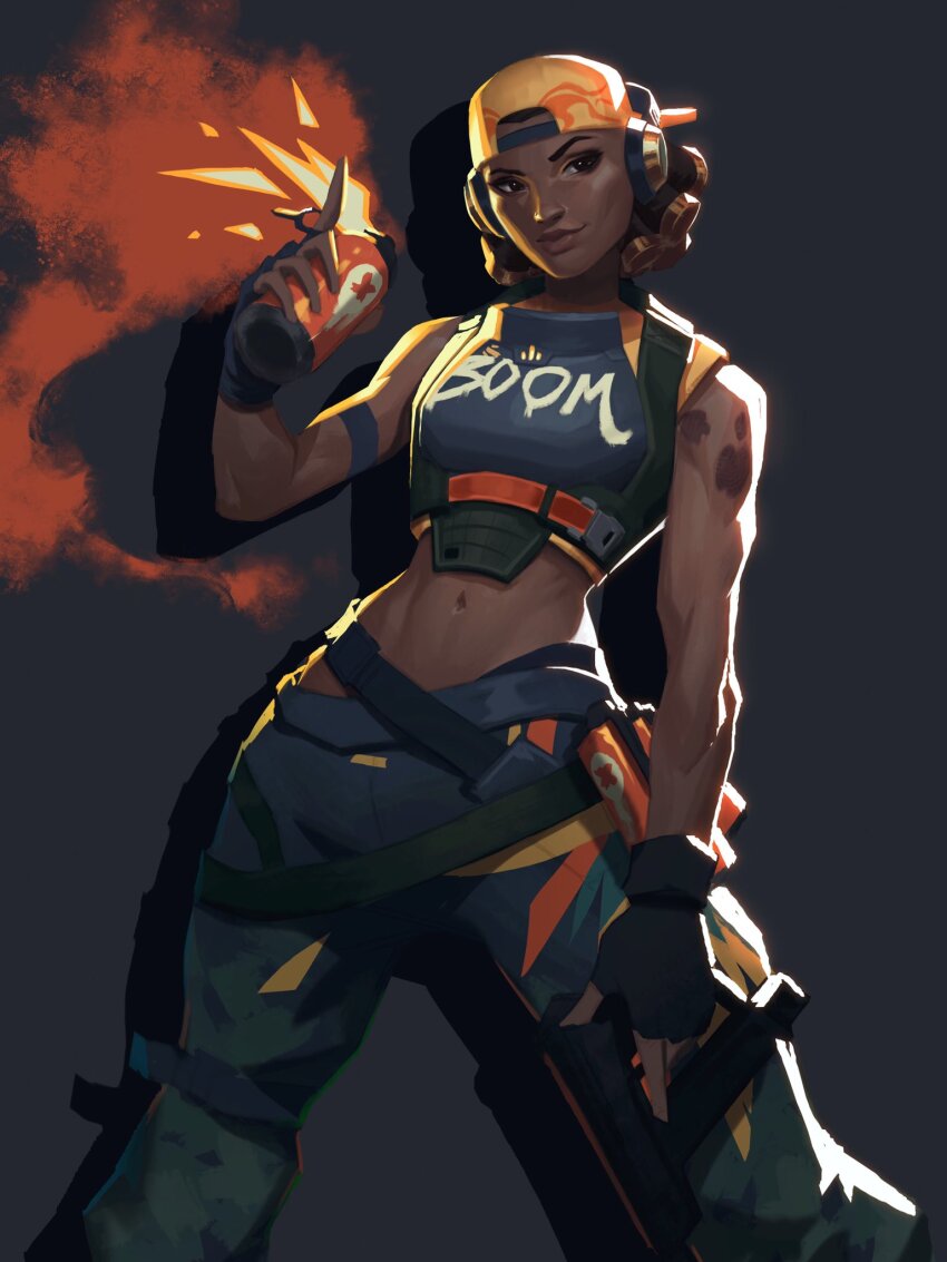1girl arm_at_side backwards_hat baseball_cap black_hair brown_eyes brown_lips closed_mouth dark-skinned_female dark_skin dreadlocks explosive feet_out_of_frame grenade grey_background gun hand_up handgun hat highres holding holding_grenade holding_gun holding_weapon jeremy_anninos lips midriff navel pants raze_(valorant) shirt short_hair simple_background sleeveless sleeveless_shirt smile solo standing valorant weapon