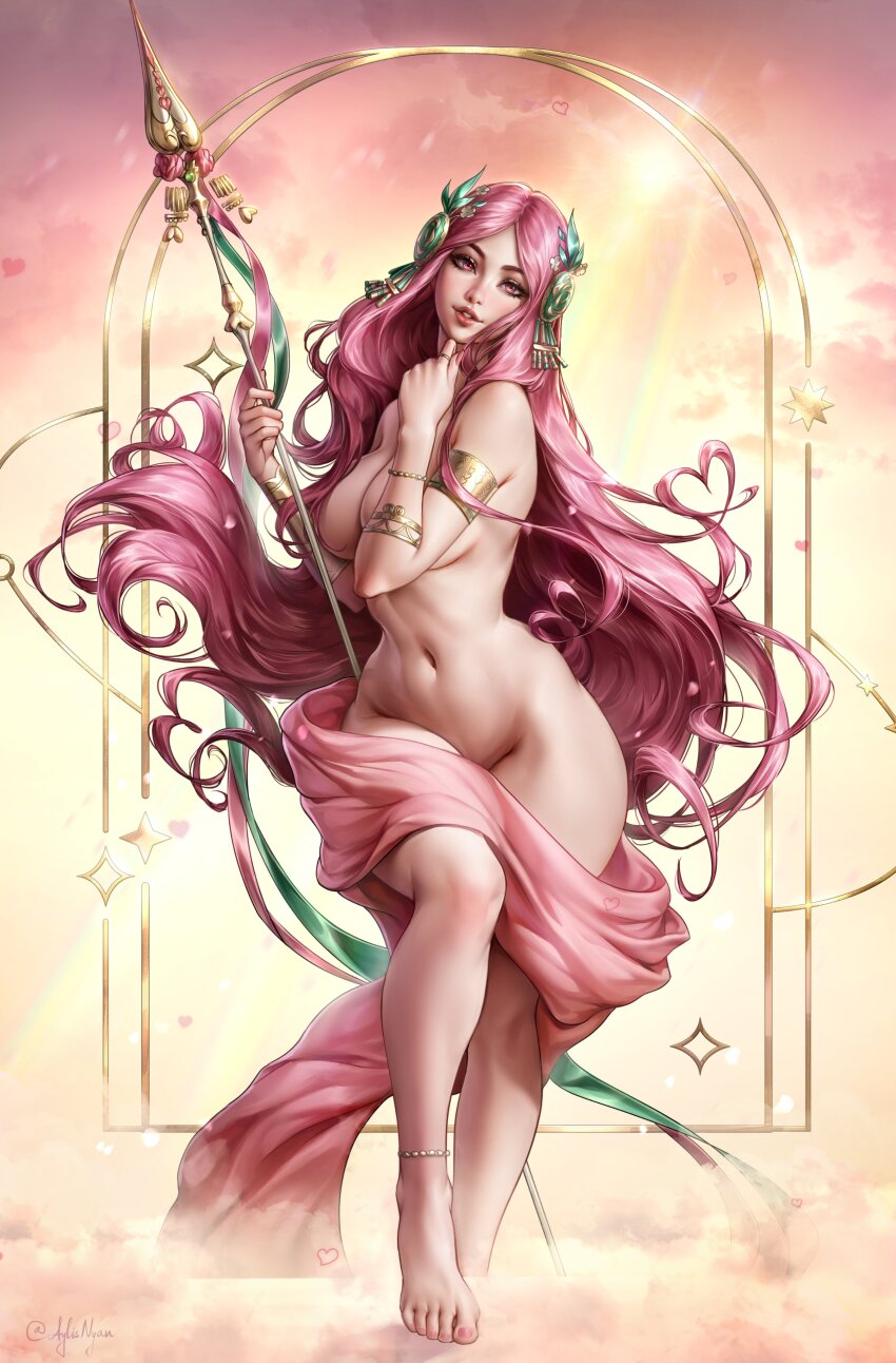 1girl absurdres aphrodite_(hades) armlet artist_name aylisnyan bare_shoulders barefoot breasts commentary convenient_censoring foot_out_of_frame hades_(series) hades_2 hair_ornament heart heart-shaped_hair highres holding holding_polearm holding_weapon jewelry large_breasts laurel_crown long_hair looking_at_viewer nail_polish navel nude parted_bangs pink_eyes pink_hair pink_nails polearm ring seductive_smile signature smile solo toenail_polish toenails toes very_long_hair weapon