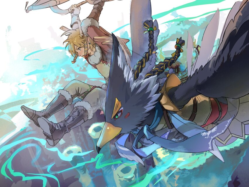 2boys aqua_eyes beak bird_boy blonde_hair blue_scarf boots braid earrings facial_mark flying fur-trimmed_boots fur_trim grey_fur grey_pants hair_between_eyes hang_gliding highres inbagzlzl jewelry link male_focus multiple_boys nintendo pants pointy_ears revali rito scarf sidelocks the_legend_of_zelda the_legend_of_zelda:_breath_of_the_wild twin_braids