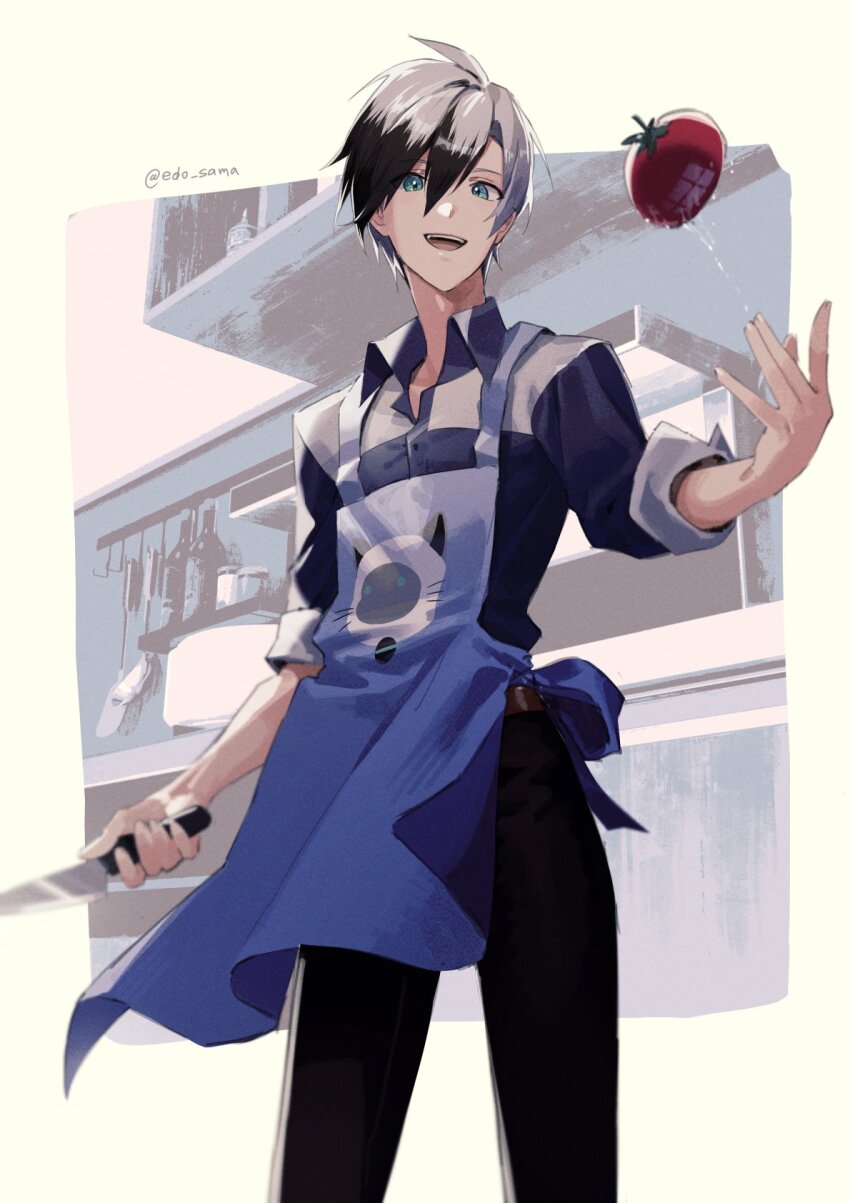 1boy apron bishounen black_hair black_shirt blue_eyes cowboy_shot edo-sama highres kitchen kitchen_knife knife ludger_will_kresnik male_focus rollo_(tales) shirt short_hair smile solo tales_of_(series) tales_of_xillia tales_of_xillia_2 tomato