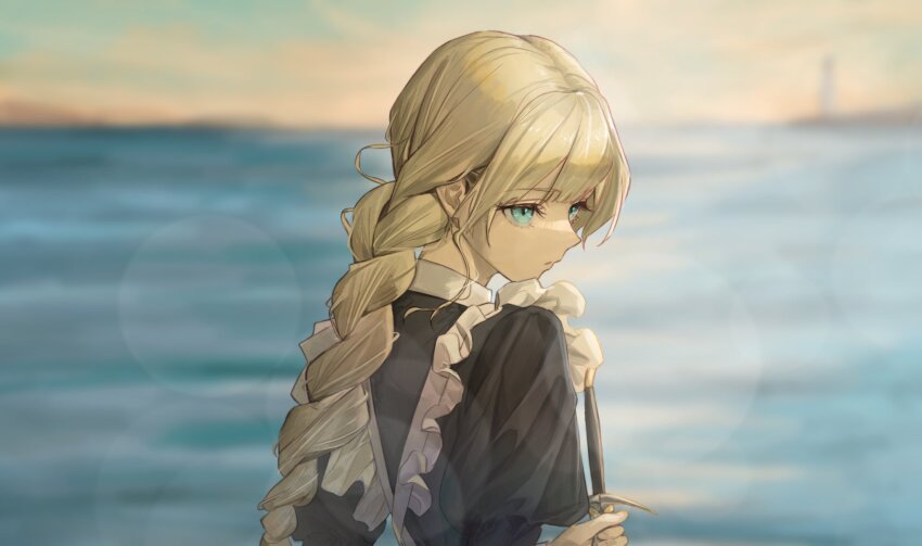 1girl apron black_dress blonde_hair blue_eyes blurry blurry_background bokeh braid braided_ponytail depth_of_field dress frills highres holding holding_weapon juliet_sleeves long_hair long_sleeves maid maid_apron ocean original outdoors puffy_sleeves sawatani_(_swt2) single_braid sky solo upper_body water weapon