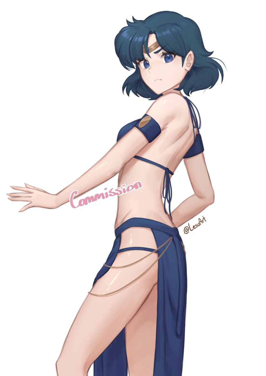 1girl absurdres armband artist_name bare_back bare_shoulders bishoujo_senshi_sailor_moon blue_armband blue_eyes blue_hair blue_shirt blue_skirt bob_cut breasts chain cleavage cleavage_cutout clothing_cutout commentary commission cowboy_shot criss-cross_halter dancer english_commentary english_text eyelashes from_below from_side frown gold_chain groin halterneck highres lesu light_frown looking_at_viewer looking_down looking_to_the_side meme_attire midriff pelvic_curtain sailor_moon_pose shiny_skin shirt side_slit signature simple_background skirt small_breasts solo standing tiara toned toned_female twintails twitter_username v-shaped_eyebrows white_background yomorio_lingerie