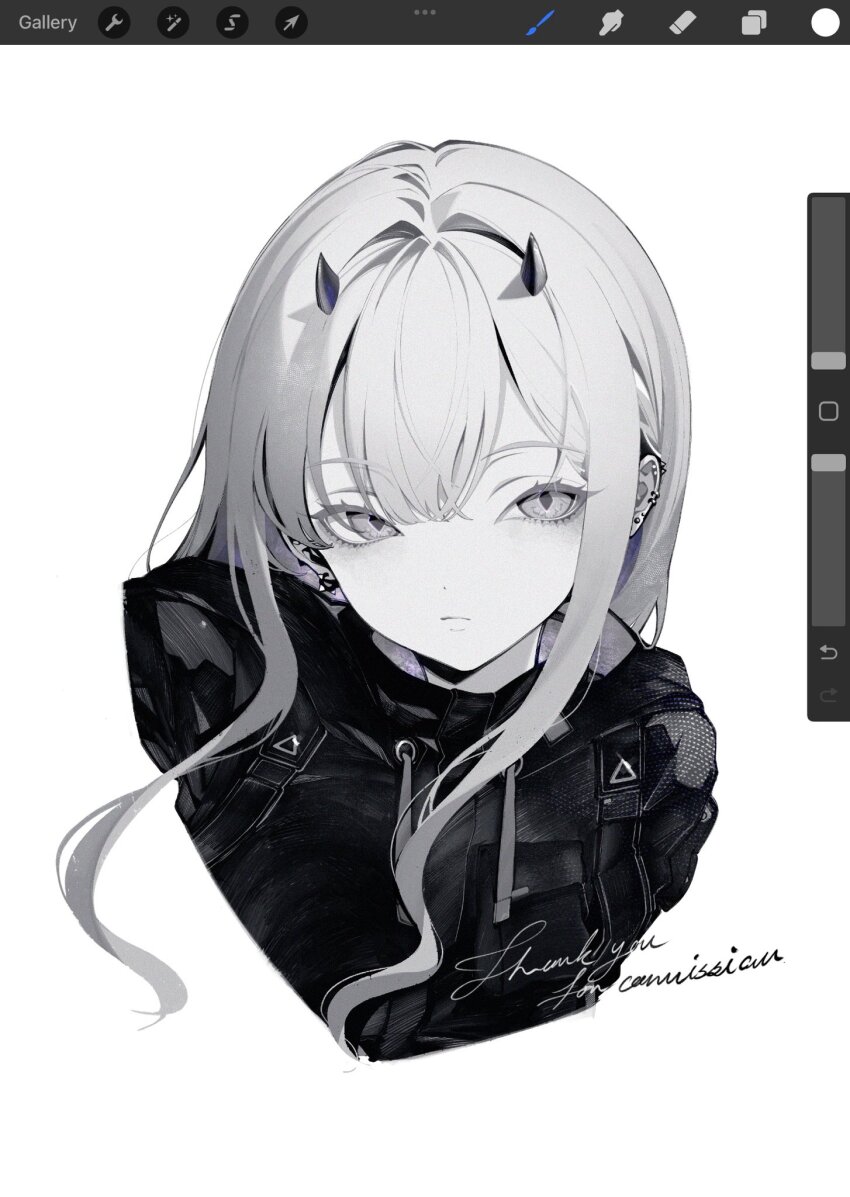 1girl art_program_in_frame closed_mouth commentary commission cropped_shoulders diamond-shaped_pupils diamond_(shape) double-parted_bangs ear_piercing earrings greyscale highres jewelry long_hair looking_at_viewer monochrome original piercing siiar_(lvlcmxcix) simple_background single_earring small_horns solo symbol-shaped_pupils white_background