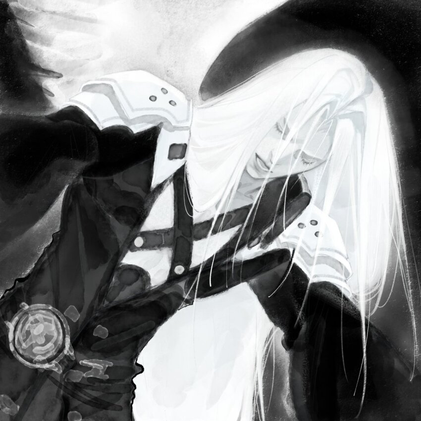 1boy armor belt belt_buckle buckle chest_strap closed_eyes coat commentary cowboy_shot curtained_hair dutch_angle eyelashes final_fantasy final_fantasy_vii greyscale high_collar highres long_hair long_sleeves male_focus monochrome open_mouth parted_hair pauldrons popped_collar sephiroth shoulder_armor shyuuwei solo very_long_hair