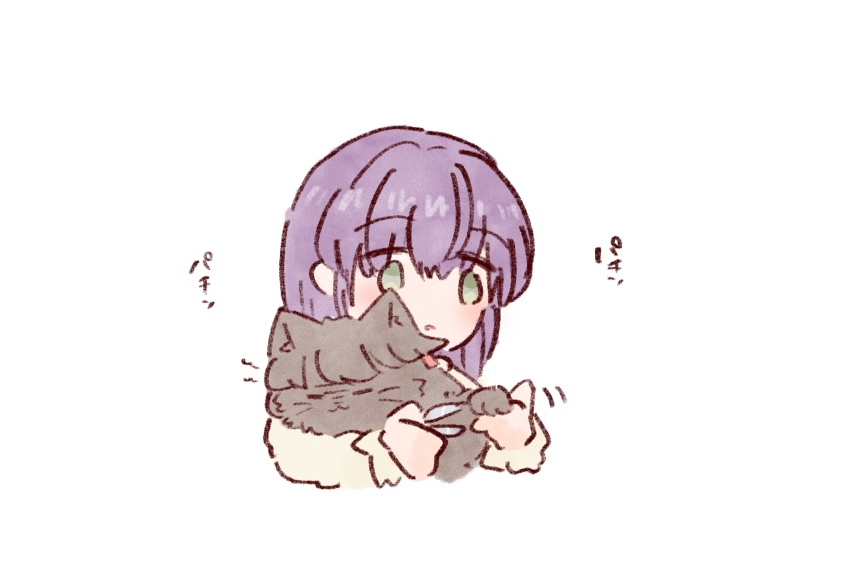 1girl :3 animal animalization cat closed_eyes commentary_request cropped_torso dress fujishima_megumi green_eyes highres link!_like!_love_live! long_hair long_sleeves love_live! mashikaku_(ma4kaku10fu) otomune_kozue otomune_kozue_(summer_loungewear) pet_nail_clippers purple_hair sidelocks simple_background sound_effects translation_request virtual_youtuber white_background white_dress