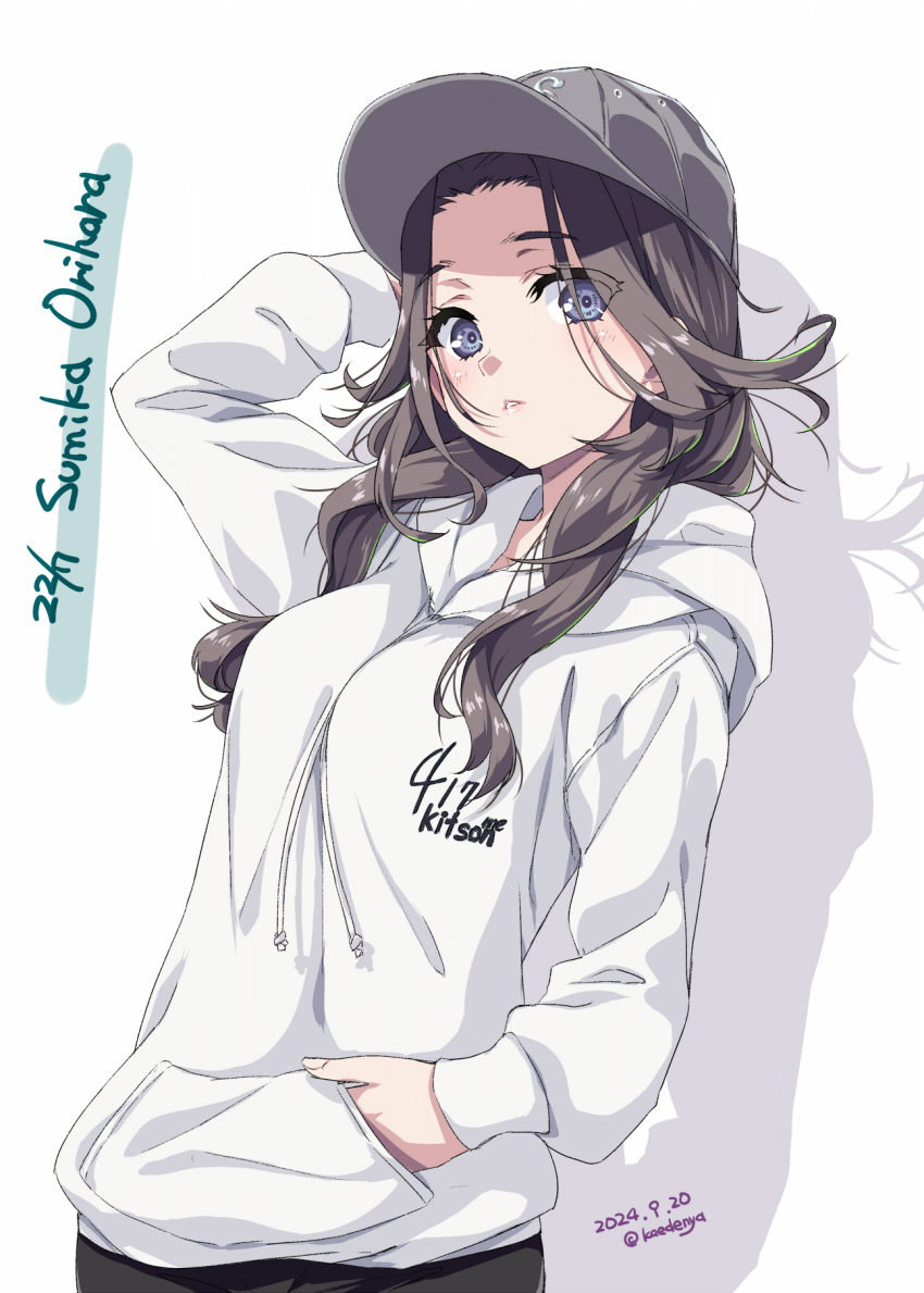 1girl 22/7 arm_behind_head artist_name baseball_cap black_pants blue_eyes character_name cowboy_shot dated grey_hair grey_hat group_name hand_in_pocket hat highres hood hood_down hoodie kisairo_kaede long_hair looking_at_viewer orihara_sumika pants parted_bangs parted_lips solo standing wavy_hair white_background white_hoodie
