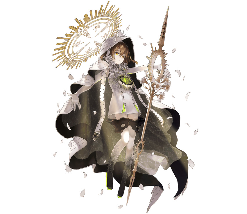 1girl bare_shoulders black_footwear brown_hair brown_halo closed_mouth dress elbow_gloves full_body gloves hair_between_eyes halo highres longinus_(phantom_of_the_kill) official_alternate_costume official_art petals phantom_of_the_kill polearm simple_background solo spear staff transparent_background watarubou weapon white_dress white_gloves white_petals yellow_eyes