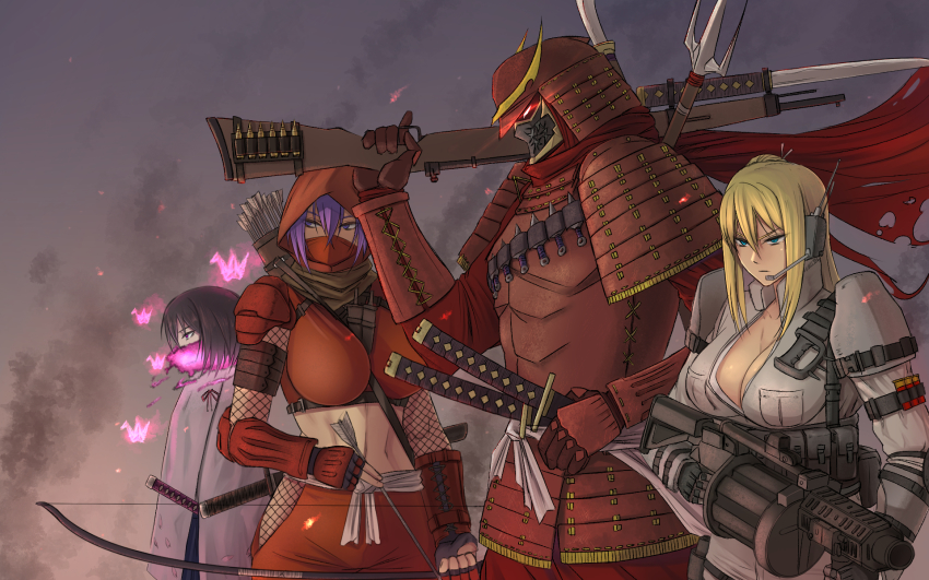 10s 1boy 3girls armor arrow_(projectile) bad_id bad_pixiv_id between_breasts black_hair blonde_hair blue_eyes bow_(weapon) breasts cleavage dou dragon_yukano from_side fujikido_kenji gun headset highres hood japanese_armor japanese_clothes katana large_breasts long_hair mask midriff military military_uniform mob3 multiple_girls nancy_lee ninja_slayer origami purple_eyes purple_hair quiver red_eyes red_hood samurai scarf strap_between_breasts sword weapon yamoto_koki