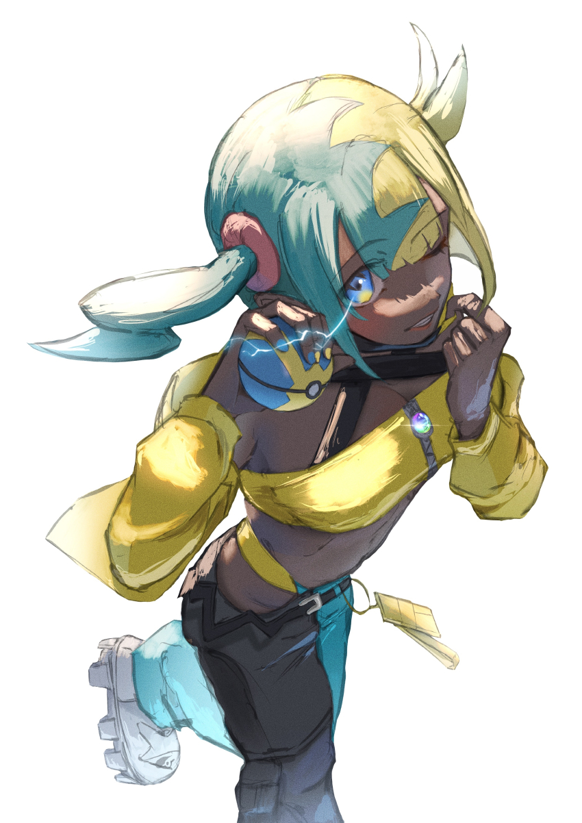 1girl absurdres aqua_hair bandeau black_mask black_pants blonde_hair blue_pants blush breasts canari_(pokemon) center-flap_bangs commentary criss-cross_halter crop_top halterneck highres hirotanien holding holding_poke_ball jacket mask mask_pull medium_breasts mega_stone midriff mouth_mask multicolored_hair navel nintendo one_eye_closed open_mouth pants poke_ball pokemon pokemon_legends:_z-a quick_ball short_twintails smile solo split-color_hair teeth twintails two-tone_hair two-tone_mask yellow_bandeau yellow_jacket yellow_mask