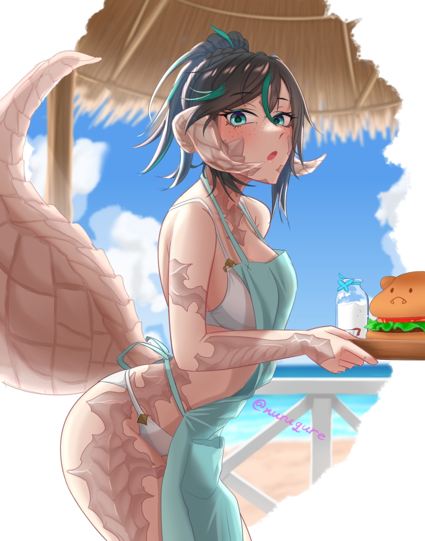 1girl apron artist_name au_ra beach bikini black_hair bottle breasts burger cleavage dragon_horns dragon_tail final_fantasy final_fantasy_xiv food freckles from_side green_apron green_eyes hair_between_eyes highres holding holding_tray horns hut lips looking_at_viewer medium_breasts medium_hair milk_bottle multicolored_hair nurugure_(m176g) open_mouth scales solo streaked_hair swimsuit tail tray warrior_of_light_(ff14) white_bikini wooden_tray