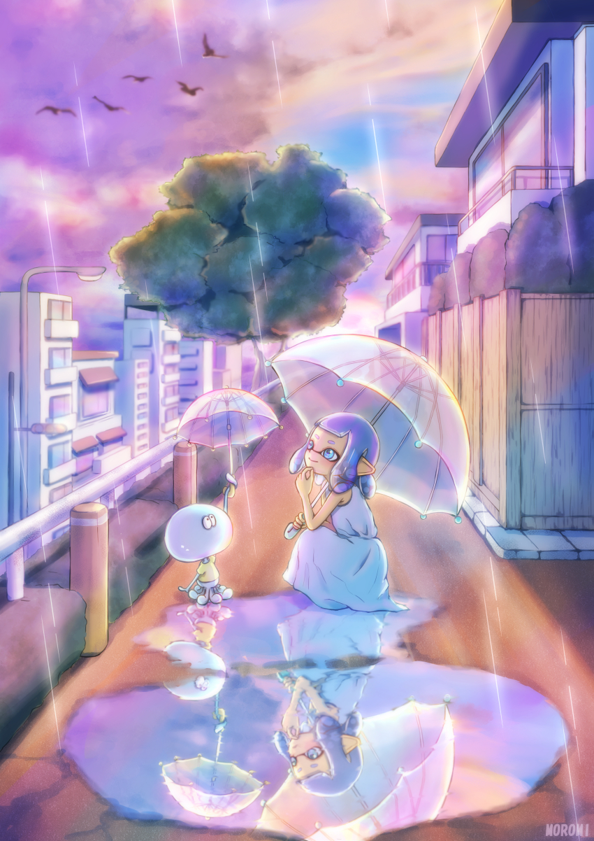 1girl absurdres awning bird blue_eyes blue_hair blurry blurry_background blush building bush city closed_mouth cloud cloudy_sky commentary_request dress fence flock guard_rail hand_up highres holding holding_umbrella inkling inkling_girl inkling_player_character jellyfish_(splatoon) lamppost looking_up moromi_(kscd4482) nintendo outdoors pointy_ears puddle railing rain reflection reflective_water road scenery shirt short_eyebrows short_hair short_sleeves sidelocks sky sleeveless sleeveless_dress smile splatoon_(series) squatting sundress t-shirt tentacle_hair traffic_light transparent transparent_umbrella tree umbrella water white_dress white_shirt wooden_fence