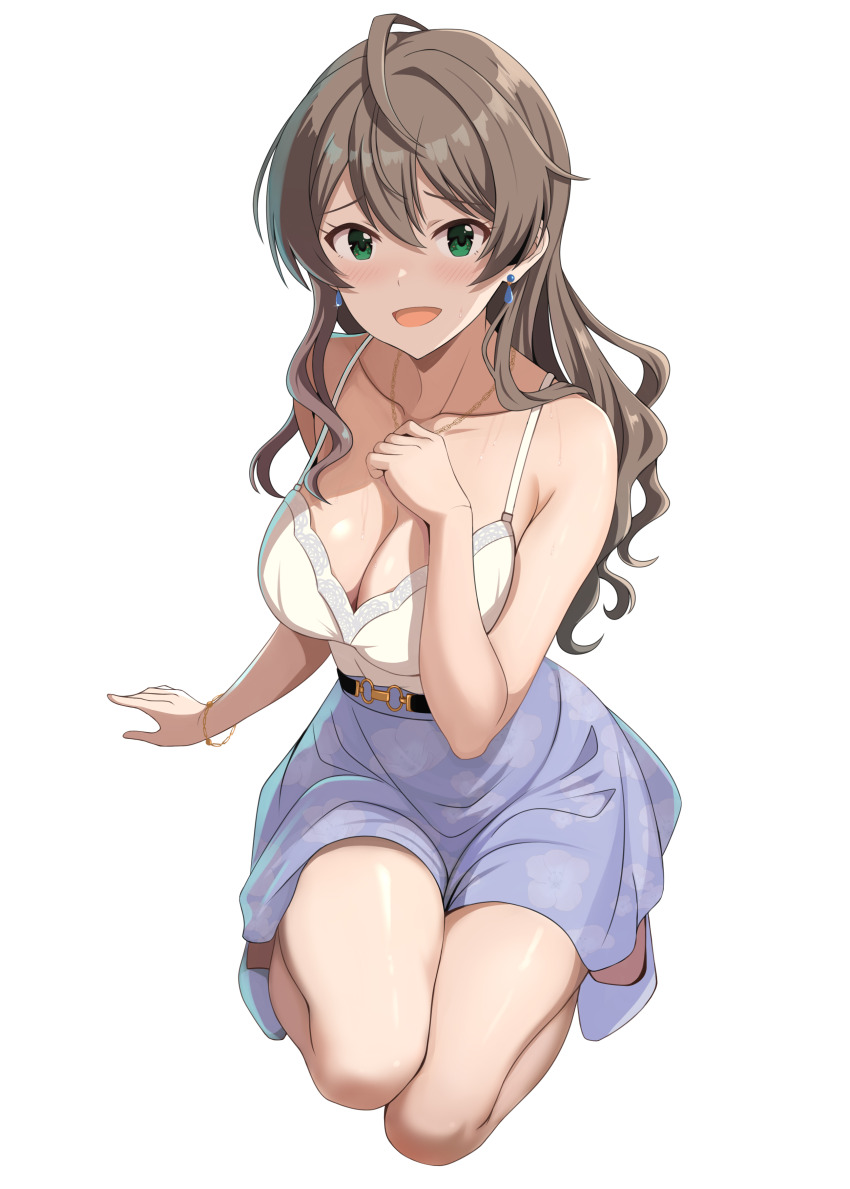 1girl :d absurdres baji_toufuu_(bajitohfu) belt black_belt blue_skirt breasts brown_hair camisole commentary_request earrings green_eyes hair_between_eyes hand_on_own_chest high_heels highres idolmaster idolmaster_million_live! idolmaster_million_live!_theater_days jewelry kneeling large_breasts long_hair open_mouth private_dress_(idolmaster_million_live!) sakuramori_kaori shoes skirt smile solo tongue transparent_background white_camisole white_shoes