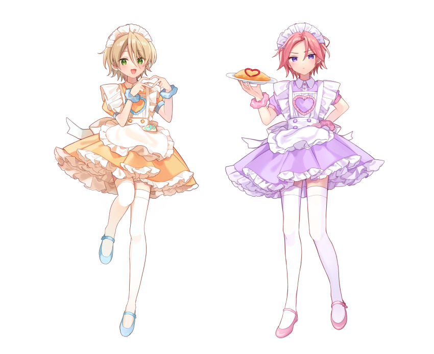 2boys absurdres apron blonde_hair blue_shoes closed_mouth crossdressing dress ensemble_stars! food four-finger_heart_hands frilled_dress frills full_body green_eyes hair_between_eyes hand_on_own_hip heart heart_hands highres holding holding_plate looking_at_viewer maid_apron maid_headdress multiple_boys omelet omurice open_mouth orange_dress oukawa_kohaku pink_hair pink_shoes plate purple_dress purple_eyes shiratori_aira_(ensemble_stars!) shisokonbu shoes short_hair short_sleeves simple_background smile standing standing_on_one_leg thighhighs white_background white_thighhighs