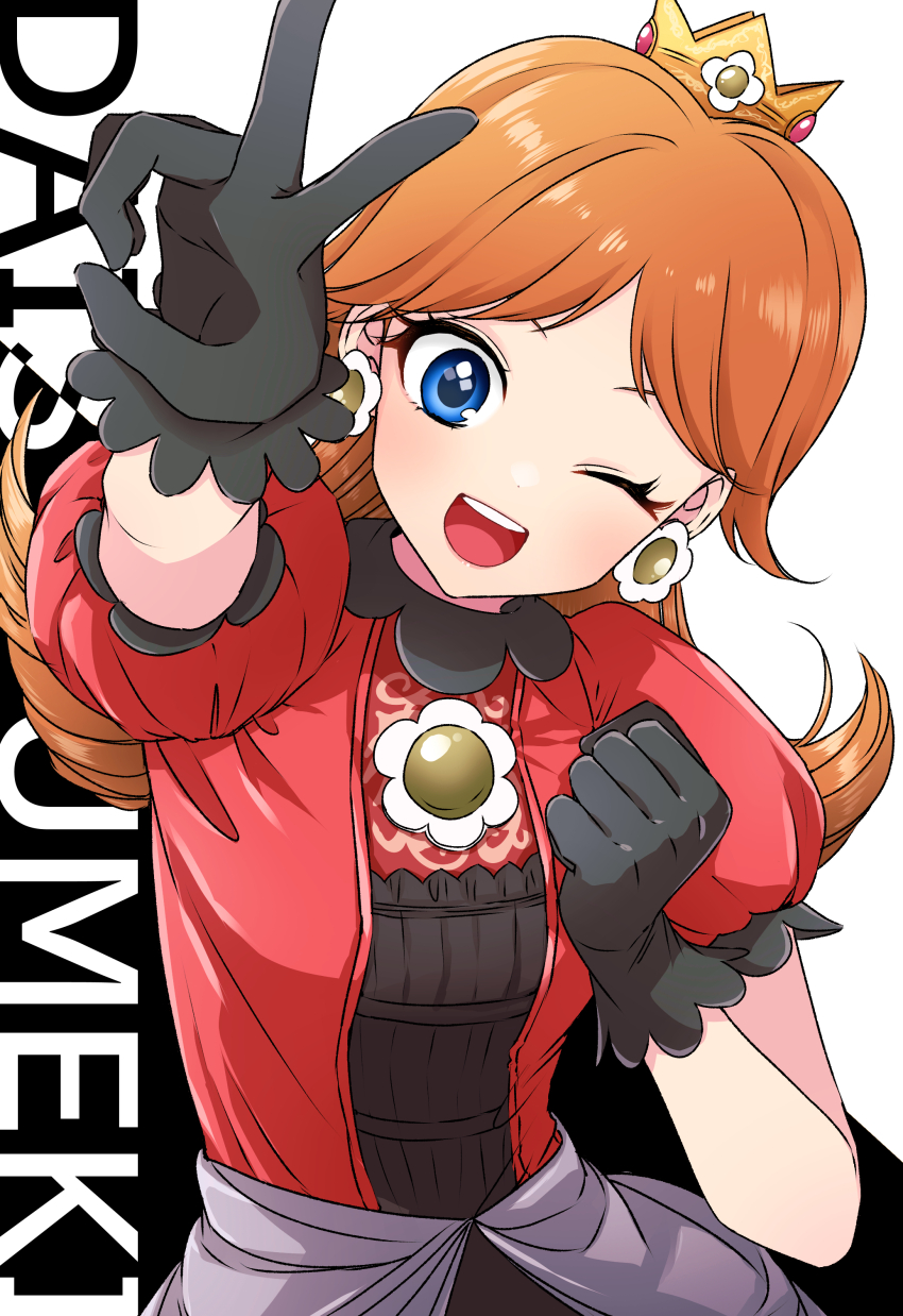 1girl absurdres black_gloves blue_eyes breasts brown_hair crown dress earrings flipped_hair flower_brooch flower_earrings frilled_gloves frills gloves hand_up highres jewelry mario_(series) medium_hair nintendo official_alternate_color open_mouth parted_bangs princess_daisy puffy_short_sleeves puffy_sleeves red_dress roroichi short_sleeves small_breasts smile solo super_mario_land super_smash_bros. teeth upper_body upper_teeth_only v