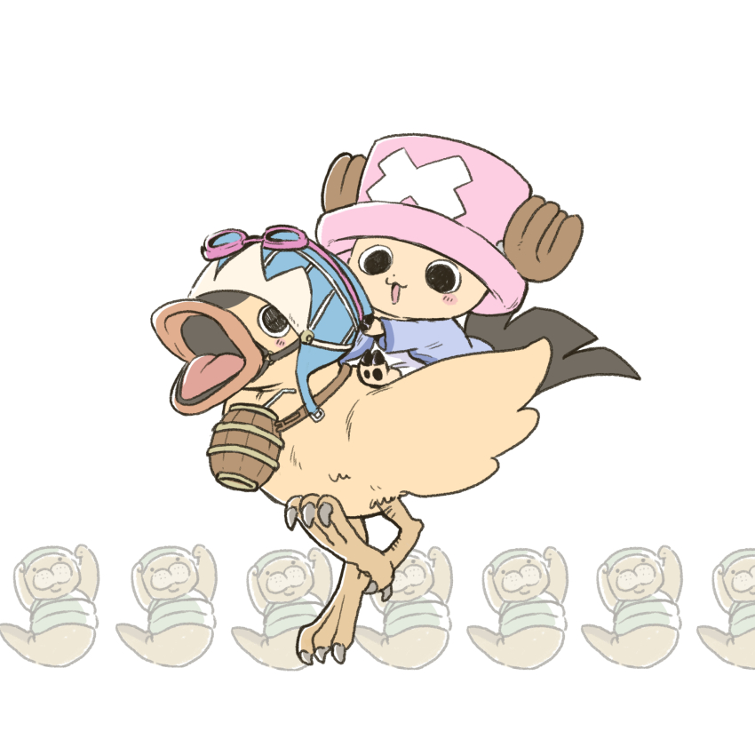 1boy animal antlers bird blush_stickers chibo cup drinking_straw duck full_body goggles goggles_on_headwear hat highres horns karoo_(one_piece) karrrrrrrps kung_fu_dugong one_piece pink_hat reindeer_antlers simple_background smile tony_tony_chopper white_background