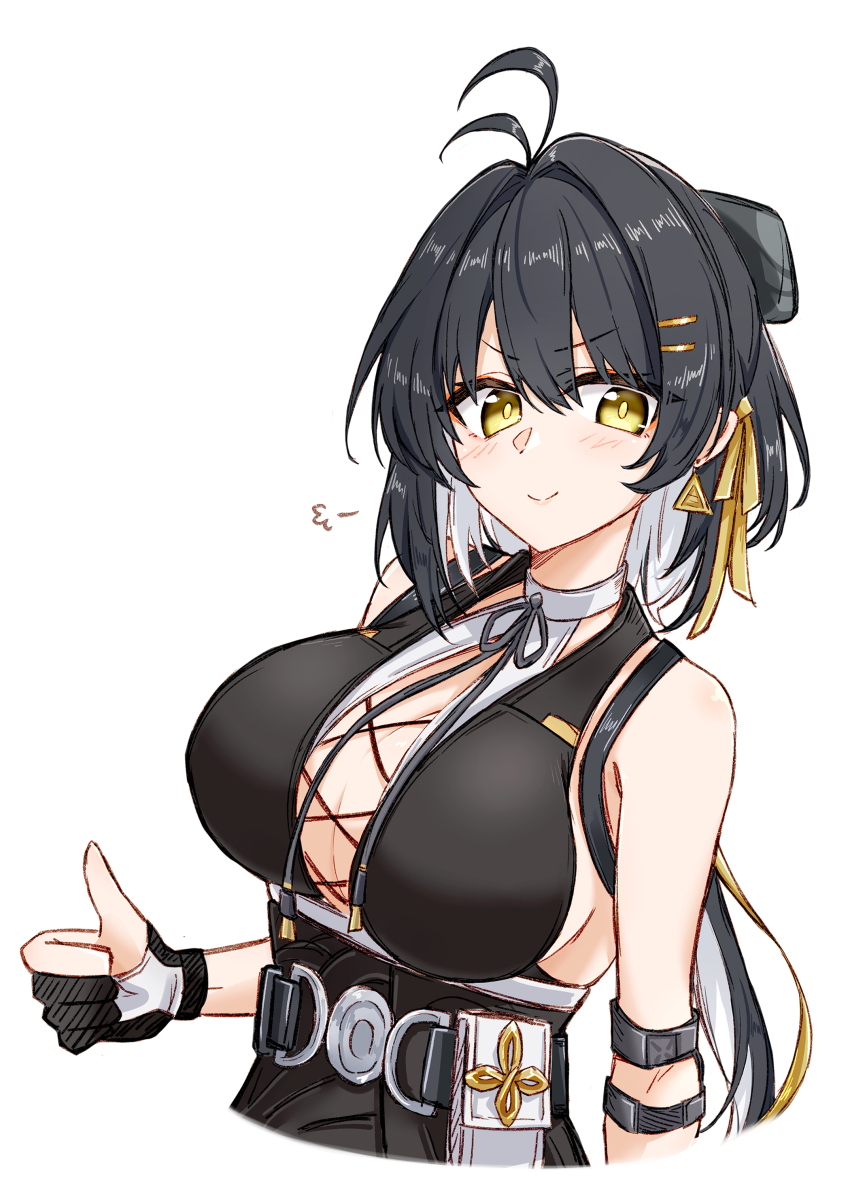 1girl absurdres antenna_hair black_dress black_hair breasts commentary_request cropped_torso dress earrings female_rover_(wuthering_waves) gloves hair_ornament hairclip highres jewelry large_breasts looking_at_viewer maiq06 multicolored_hair parallel_hairclips partially_fingerless_gloves rover_(wuthering_waves) simple_background sleeveless sleeveless_dress smile solo thumbs_up triangle_earrings two-tone_hair upper_body white_background white_hair wuthering_waves yellow_eyes