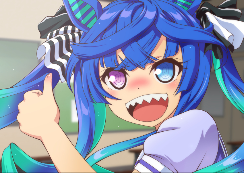 1girl animal_ears aqua_hair blue_eyes blue_hair blush bow chalkboard classroom desk gradient_hair hair_bow heterochromia horse_ears horse_girl kaname_aomame multicolored_hair nose_blush open_mouth purple_eyes school_desk school_uniform sharp_teeth sliding_doors solo teeth thumbs_up tracen_school_uniform twin_turbo_(umamusume) twintails umamusume upper_body upper_teeth_only