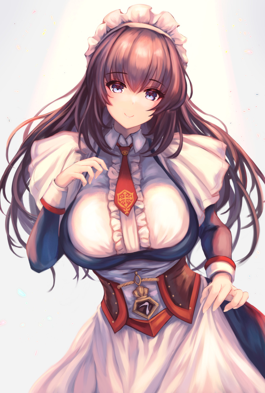1girl absurdres apron arm_across_waist azur_lane badge black_dress blue_eyes breasts brown_hair center_frills commission corset cowboy_shot curacoa_(azur_lane) dated denchi_more_power dress frilled_apron frilled_hairband frills gradient_background hairband highres huge_filesize lace-trimmed_hairband lace_trim large_breasts long_dress long_hair looking_at_viewer maid maid_headdress necktie pixiv_commission red_necktie smile solo taut_clothes taut_dress white_apron white_background