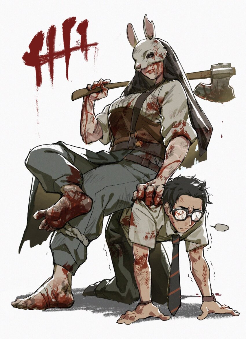 axe barefoot barley_juice blood blood_on_axe blood_on_clothes blood_on_feet blood_on_mask dead_by_daylight dirty dirty_feet dwight_fairfield femdom highres holding holding_axe human_chair human_furniture lips mask rabbit_mask simple_background sitting sitting_on_person the_huntress_(dead_by_daylight) white_background white_mask
