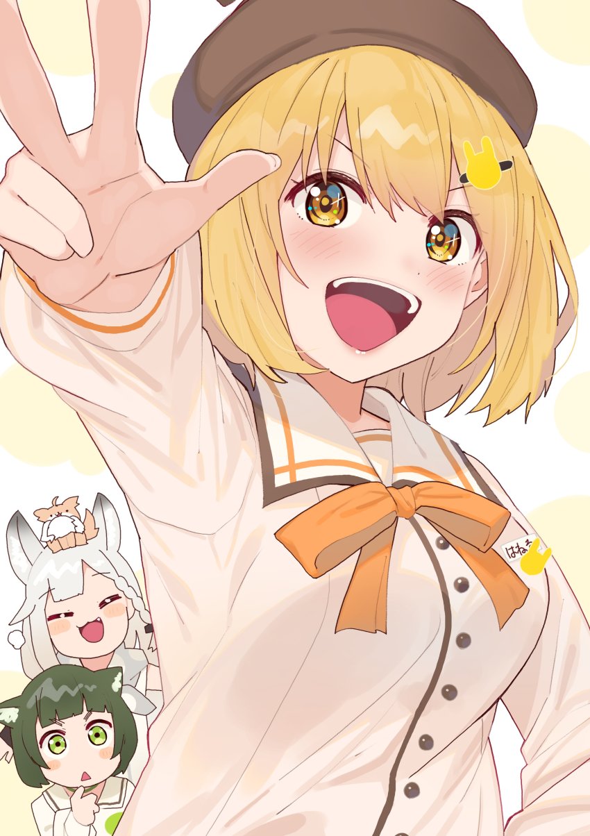 3girls nanashi_inc. absurdres animal_ears animare arm_up beret blonde_hair blush closed_eyes commentary_request fang green_hair hair_ornament hairclip hashiba_natsumi_(animare) hat highres inaba_haneru_(animare) multiple_girls open_mouth shiromiya_mimi short_hair silver_hair tonarikeru virtual_youtuber