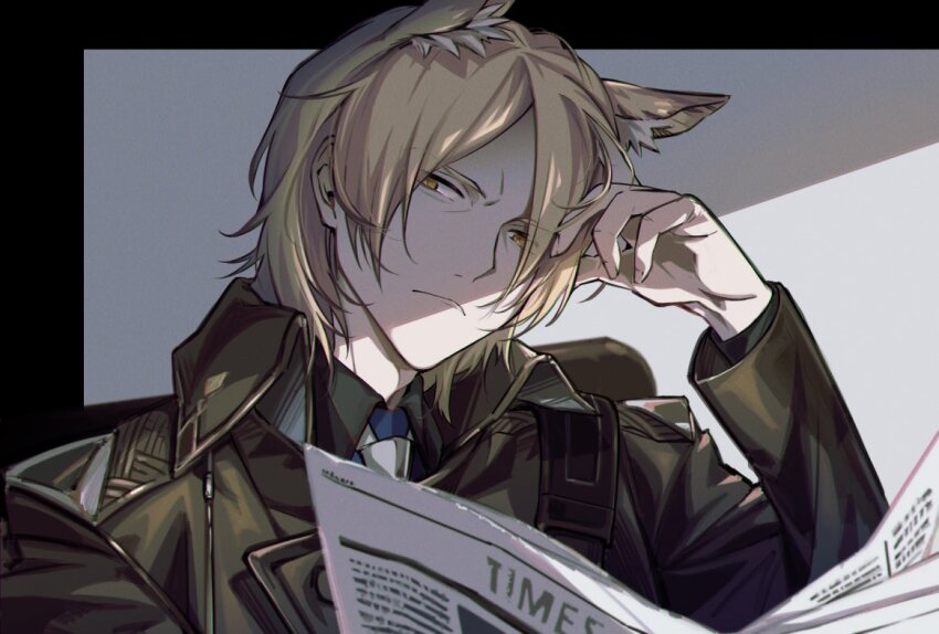 1boy animal_ear_fluff animal_ears arknights black_jacket blonde_hair blue_shirt border collared_shirt glaring grey_background hand_on_own_head hand_up holding holding_newspaper horse_boy horse_ears ieiieiiei jacket looking_at_viewer male_focus mlynar_(arknights) necktie newspaper parted_bangs shaded_face shadow shirt short_hair simple_background solo upper_body white_necktie yellow_eyes