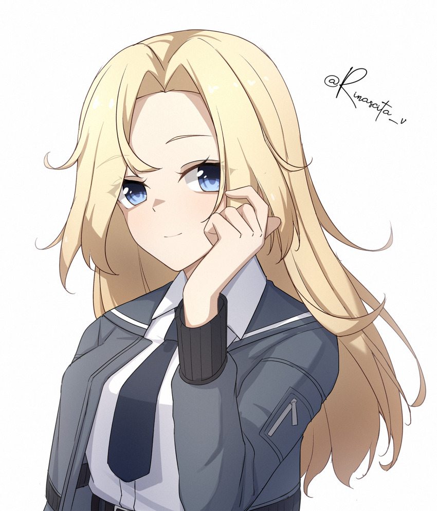 1girl aticsanir belt black_belt black_necktie blonde_hair blue_eyes blush bomber_jacket breasts highres hornet_(kancolle) jacket kantai_collection large_breasts long_hair looking_at_viewer necktie shirt skirt sleeveless sleeveless_shirt smile solo twitter_username upper_body white_background white_shirt