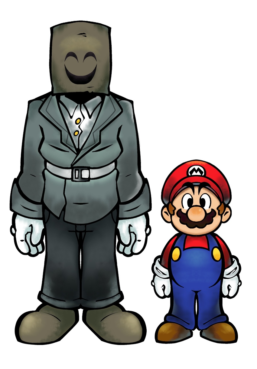 2boys bag belt brown_hair captainclaood coat emio facial_hair famicom_tantei_club full_body gloves hat highres logo mario mario_&amp;_luigi_rpg mario_(series) mask multiple_boys mustache nintendo overalls pants paper_bag parody shoes standing trench_coat white_background