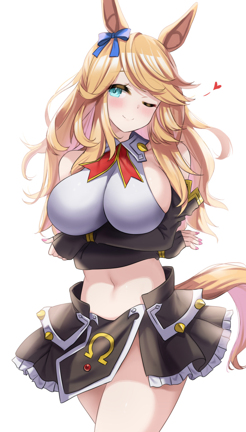 1girl animal_ears aqua_eyes arms_under_breasts bare_shoulders blonde_hair bow breasts closed_mouth cosplay cowboy_shot crossed_arms ear_ribbon gold_city_(umamusume) head_tilt heart highres horse_ears horse_girl horse_tail kibihimi large_breasts long_hair midriff navel neige_hausen neige_hausen_(cosplay) one_eye_closed pink_nails revision sideboob simple_background skirt smile solo spoken_heart super_robot_wars super_robot_wars_og_saga_mugen_no_frontier super_robot_wars_og_saga_mugen_no_frontier_exceed swept_bangs tail umamusume white_background