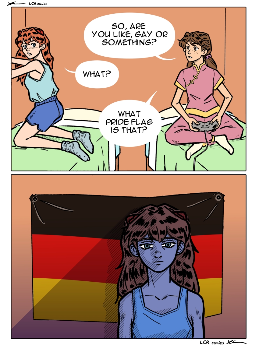 2girls 2koma absurdres artist_name blue_eyes blue_shorts blue_socks blue_tank_top chinese_clothes closed_mouth comic controller cross_legged english_text freckles game_controller german_flag glaring highres holding holding_controller holding_game_controller horaki_hikari indian_style indoors kneeling lcr_comics long_hair looking_at_another meme misunderstanding multiple_girls neon_genesis_evangelion no_shoes on_bed orange_hair shorts sitting socks souryuu_asuka_langley speech_bubble tank_top very_long_hair what_pride_flag_is_that? white_socks