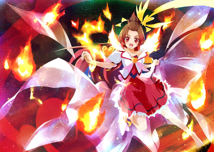 1girl :d ashita_wa_hitsuji barefoot brooch brown_hair cure_ace dokidoki!_precure female_focus fire full_body gradient_hair heart heart_brooch henshin highres jewelry long_hair looking_at_viewer madoka_aguri magical_girl multicolored_background multicolored_hair open_mouth precure puffy_sleeves red_eyes red_hair red_skirt skirt smile solo