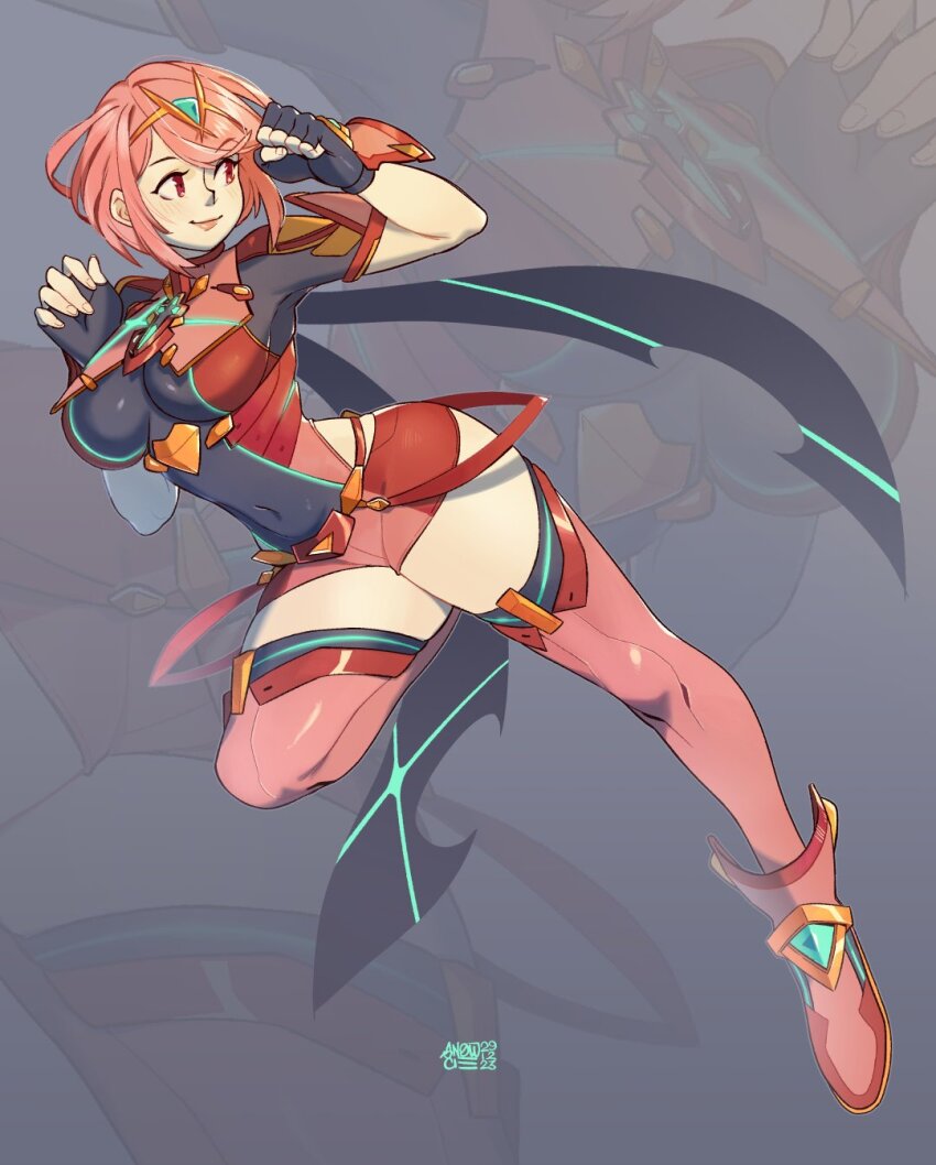 1girl 2023 armor black_gloves blue_background bob_cut boots breastplate breasts chest_jewel clenched_hands commentary covered_navel english_text female_focus fingerless_gloves full_body gloves hair_between_eyes highres large_breasts leg_up looking_to_the_side micro_shorts neon_trim nintendo pyra_(xenoblade) red_armor red_boots red_eyes red_hair red_lips red_shorts red_thighhighs short_hair short_sleeves shorts shoulder_armor simple_background smile snowcie solo swept_bangs thighhighs tiara turtleneck underbust vambraces xenoblade_chronicles_(series) xenoblade_chronicles_2 zoom_layer