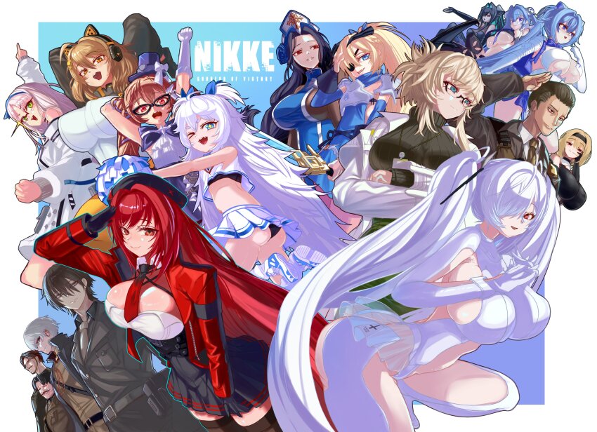 5boys 6+girls abe_(nikke) absurdres anis_(nikke) ass black_gloves black_hair black_panties black_skirt blonde_hair blue_dress blue_eyes blue_hair bodystocking breasts brown_eyes brown_hair brown_necktie brown_pants brown_shirt burningum_(nikke) cheerleader cinderella_(nikke) coat collared_shirt commander_(nikke) commentary_request cropped_shirt crossed_arms dress eye_mask facial_hair forehead glasses gloves goddess_of_victory:_nikke green_eyes green_sweater gretel_(nikke) guillotine_(nikke) guillotine_(winter_slayer)_(nikke) hair_over_one_eye hansel_(nikke) hat highres inugressive jacket johan_(nikke) large_breasts little_mermaid_(nikke) long_hair looking_at_viewer maiden_(ice_rose)_(nikke) maiden_(nikke) military_uniform miranda_(nikke) miranda_(thief_of_justice)_(nikke) multiple_boys multiple_girls mustache necktie neon_(nikke) oswald_(nikke) panties pants pleated_skirt poli_(cheer_up_police)_(nikke) poli_(nikke) pom_pom_(cheerleading) purple_hat rapi_(nikke) rapi_(red_hood)_(nikke) rectangular_eyewear red_eyes red_hair red_jacket red_necktie red_shoes_(nikke) salute shirt shoes short_twintails skirt smile sneakers socks sparkling_eyes speech_bubble sweater turtleneck turtleneck_sweater twintails underwear white_coat white_dress white_hair white_hat white_shirt white_shoes white_skirt white_socks