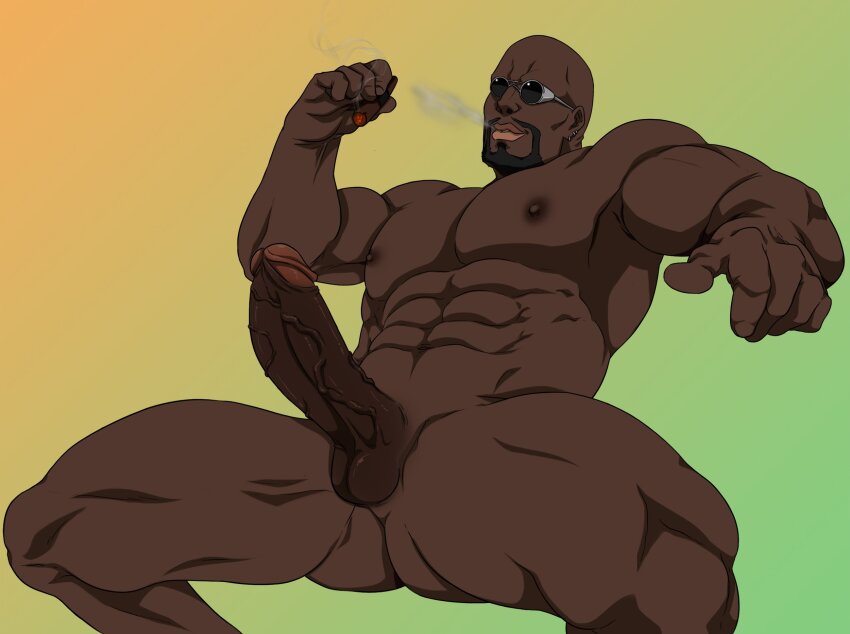 1boy ass bald bara black_lagoon cigar commentary completely_nude dark-skinned_male dark_skin dutch_(black_lagoon) earrings english_commentary erection gradient_background highres holding holding_cigar jewelry kagami06art large_pectorals large_penis lips male_focus muscular muscular_male navel nipples nude pectorals penis simple_background solo sunglasses testicles thighs variant_set veins