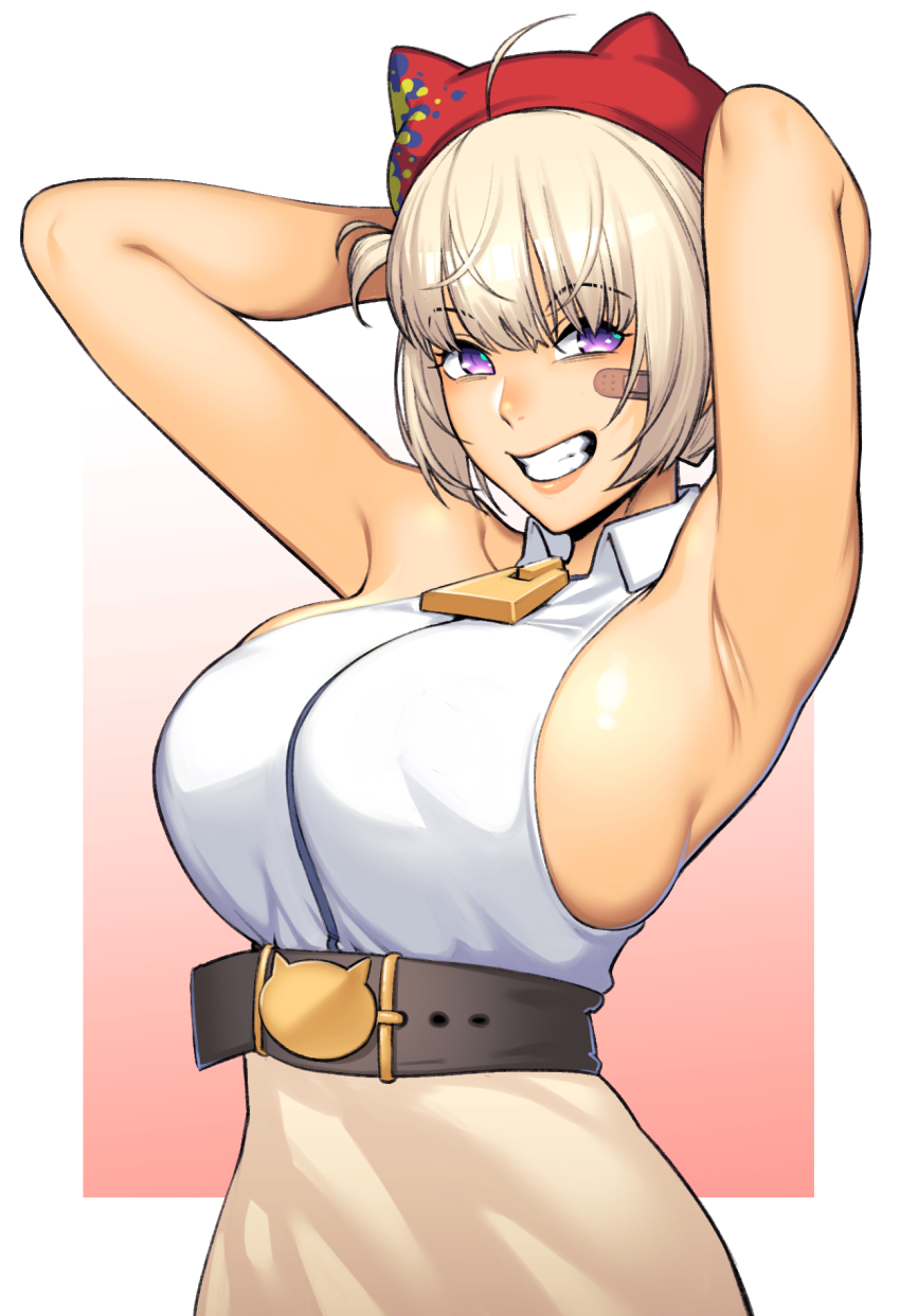 1girl ahoge aogiri_koukou armpits arms_behind_head arms_up bandaid bandaid_on_cheek bandaid_on_face bare_shoulders breasts commentary dyun hat hat_with_ears highres large_breasts ooshiro_mashiro purple_eyes short_hair sideboob sleeveless smile solo virtual_youtuber