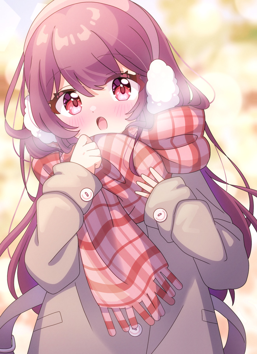 1girl absurdres blurry blurry_background blush brown_coat coat earmuffs enpera highres long_hair long_sleeves looking_at_viewer mmmera827 open_mouth original plaid_clothes plaid_scarf purple_hair red_eyes red_scarf scarf solo upper_body winter