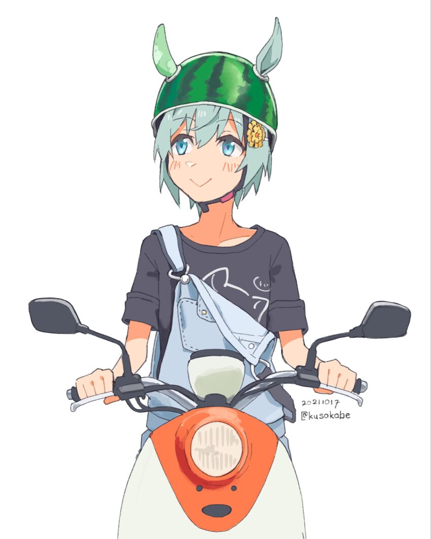 1girl animal_ears aqua_hair black_shirt blue_eyes blush closed_mouth dated degawa_tetsurou_no_juuden_sasetemoraemasenka? ears_through_headwear hair_ornament hairclip helmet highres horse_ears kusakabe_(kusakabeworks) looking_to_the_side motor_vehicle on_scooter overalls scooter seiun_sky_(umamusume) shirt short_hair short_sleeves simple_background smile solo twitter_username umamusume upper_body white_background yamaha yamaha_vino