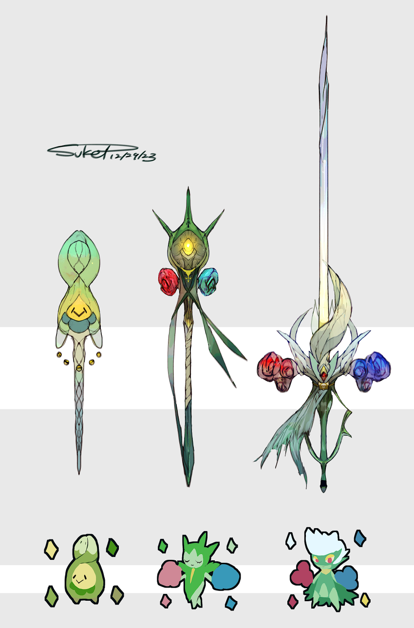 absurdres bell blue_flower blue_rose budew closed_eyes cross dated evolutionary_line flower gen_3_pokemon gen_4_pokemon grey_background highres jingle_bell looking_at_viewer nintendo no_humans objectification pokemon pokemon_(creature) rapier red_flower red_rose ribbon rose roselia_(pokemon) roserade signature staff sukepmonster swimsuit sword weapon weapon_focus white_background